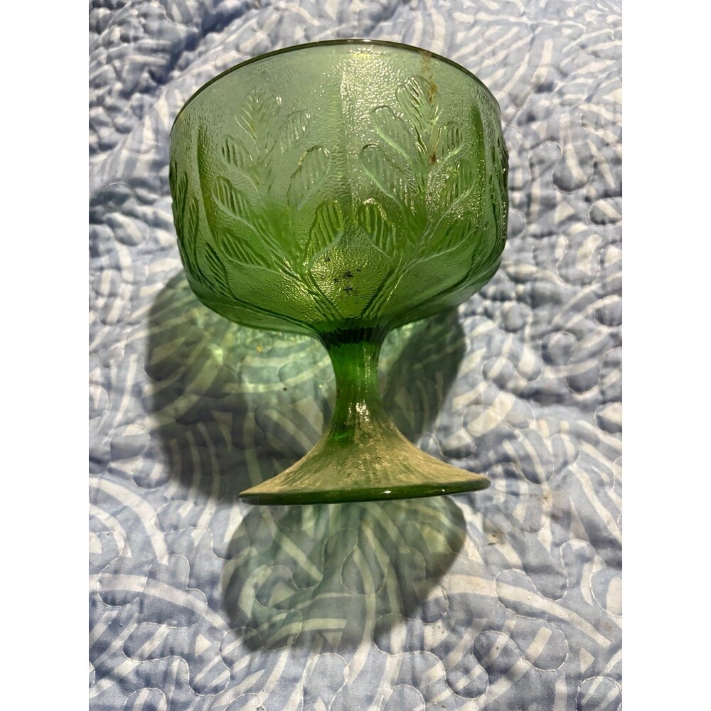 Vintage 1975 FTD Green Glass Compote Vase Chalice Candy Dish Oak Leaf Design